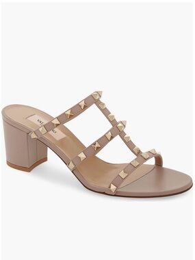 Valentino Rockstud Block Heel Sandals in Beige Taupe with Gold Studs